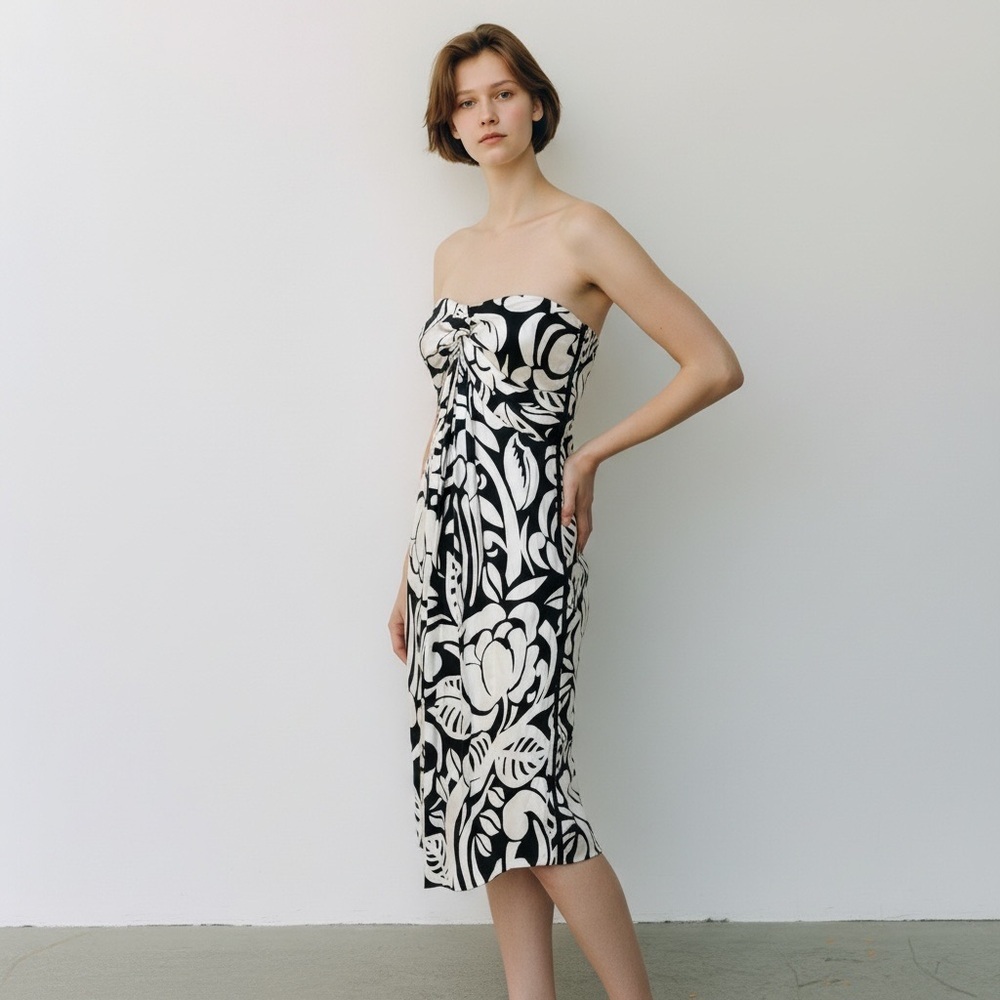 Lauren Ralph Lauren 100% Silk Strapless Floral  Dress. Black Ivory Size 8 #1148